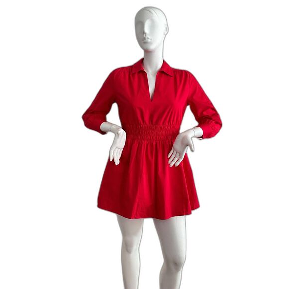 Zara Dress M Red Poplin Smocked Waist Mini Long Sleeves M - Picture 2 of 9